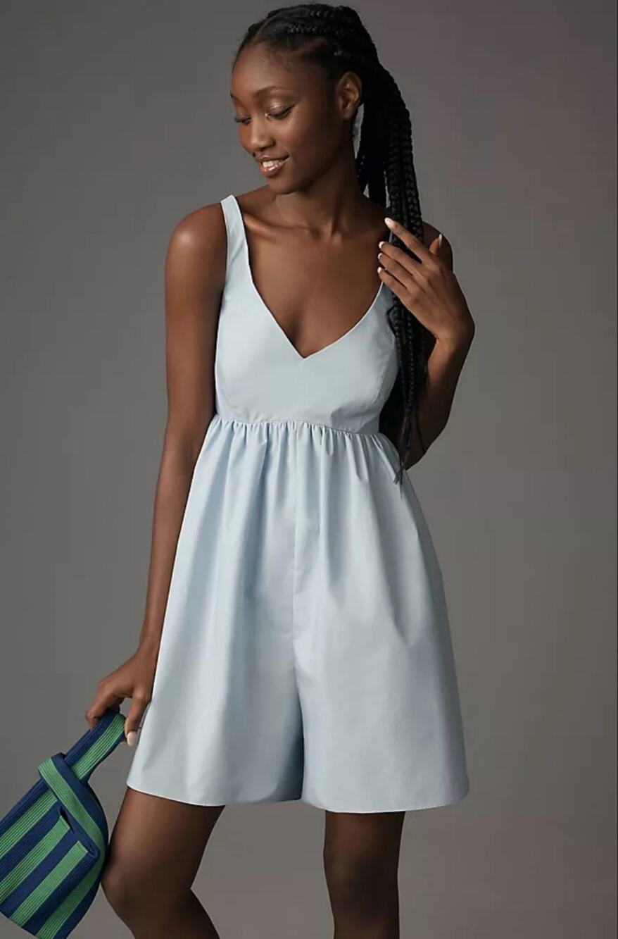 Mare Mare Anthropologie Sleeveless V-Neck Romper Blue Cotton Size Small